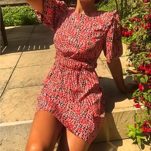 TopShop Red Floral Dress Open Back Abstract Geometric Print Short Sleeve E-waist